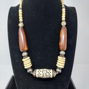 Ethnic Tribal Necklace Carved Horn Stone Beads Silver Accents Chunky Boho 24"